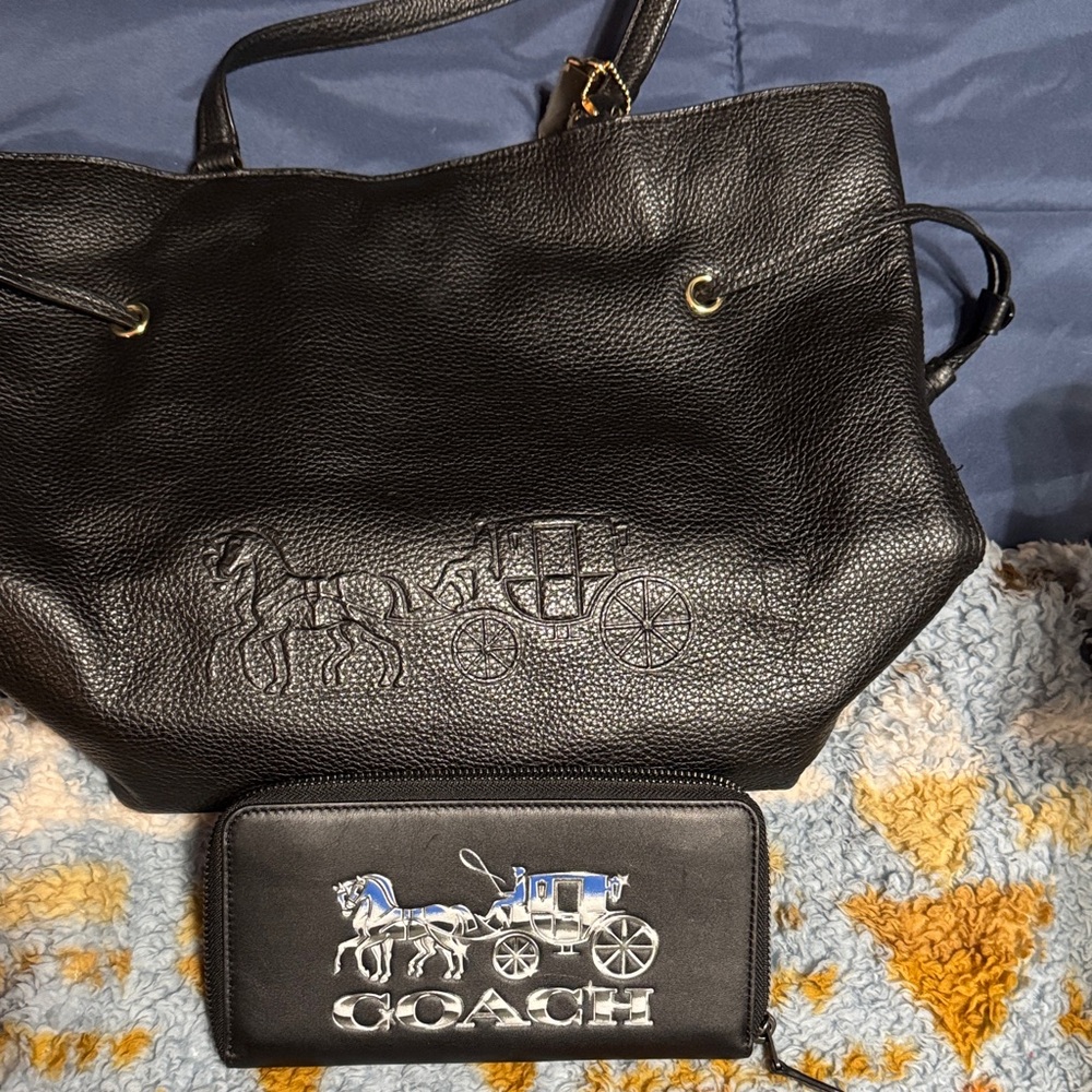 Coach Black Leather Tote with Embossed Carriage